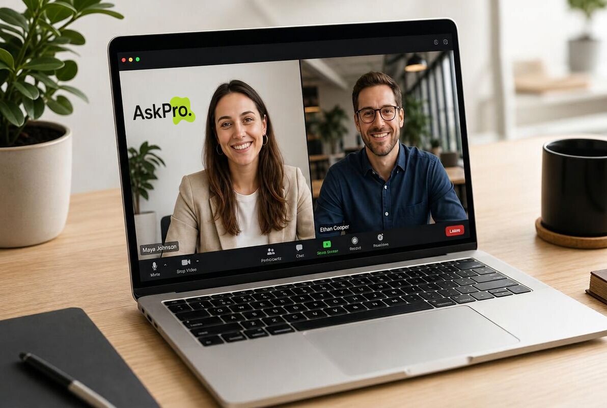 A video call between two professionals on a laptop, with the AskPro logo in the background