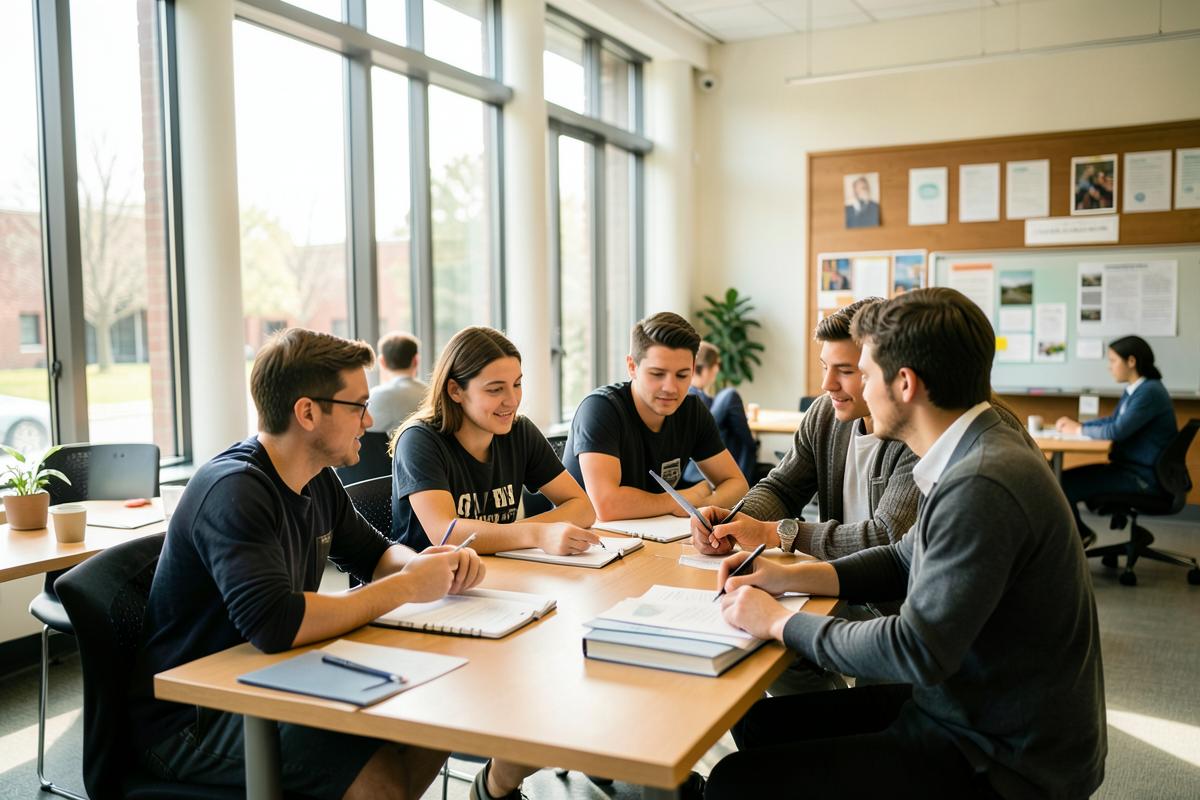 University students collaborating on a project with a community representative